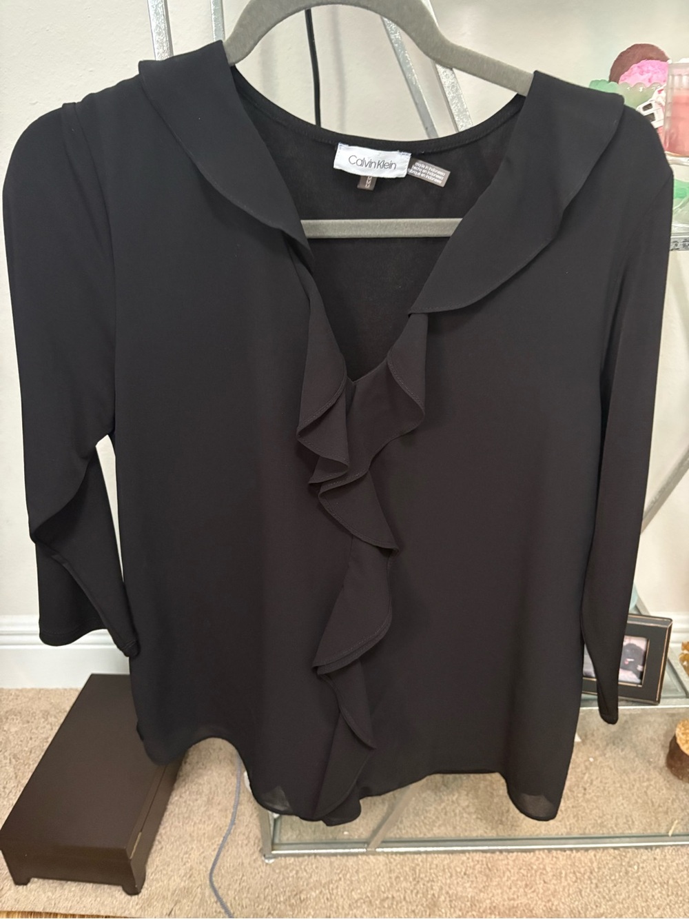 Calvin Klein womens ruffle front v-neck 3/4 sleeve blouse black size med lined